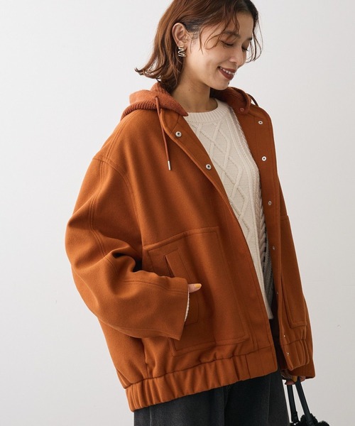 Green　Parks（グリーンパークス）の「ニットフード付きウーリーブルゾン（ブルゾン・レディース・キャメル/ダークネイビー/オフホワイト/杢グレー・FREE）」の4枚目の写真