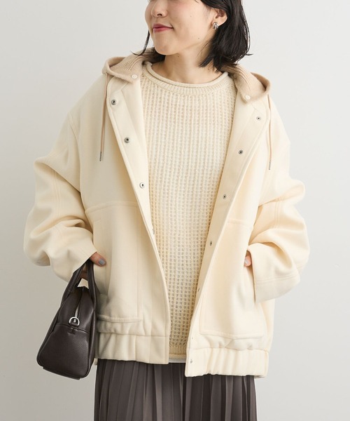 Green　Parks（グリーンパークス）の「ニットフード付きウーリーブルゾン（ブルゾン・レディース・キャメル/ダークネイビー/オフホワイト/杢グレー・FREE）」の2枚目の写真