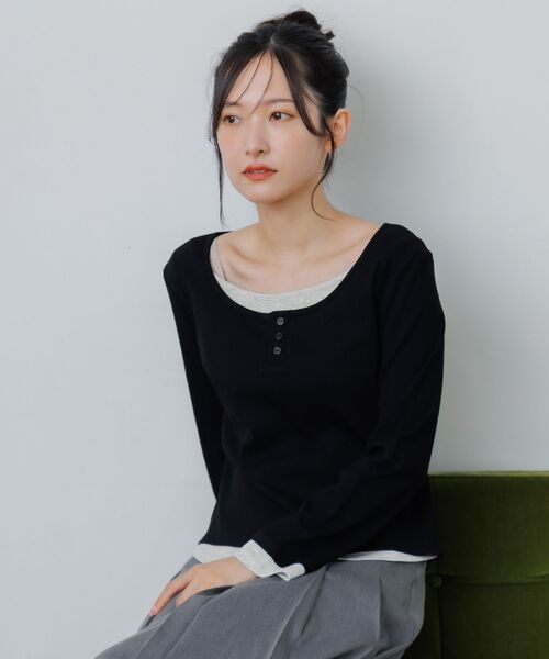 RETRO GIRL（レトロガール）の「レイヤード風テレコCT（Tシャツ/カットソー・レディース・チャコールグレー/ブラック/ブラウン・FREE）」の4枚目の写真