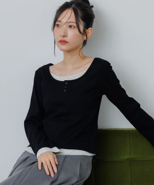 RETRO GIRL（レトロガール）の「レイヤード風テレコCT（Tシャツ/カットソー・レディース・チャコールグレー/ブラック/ブラウン・FREE）」の5枚目の写真