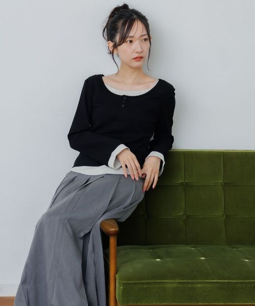 RETRO GIRL（レトロガール）の「レイヤード風テレコCT（Tシャツ/カットソー・レディース・チャコールグレー/ブラック/ブラウン・FREE）」の6枚目の写真