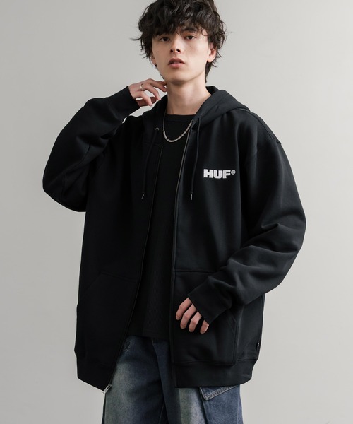 HUF ハフ ALL CAPS F/Z HOODIE オーバーサイズ裏起毛ワンポイントロゴ