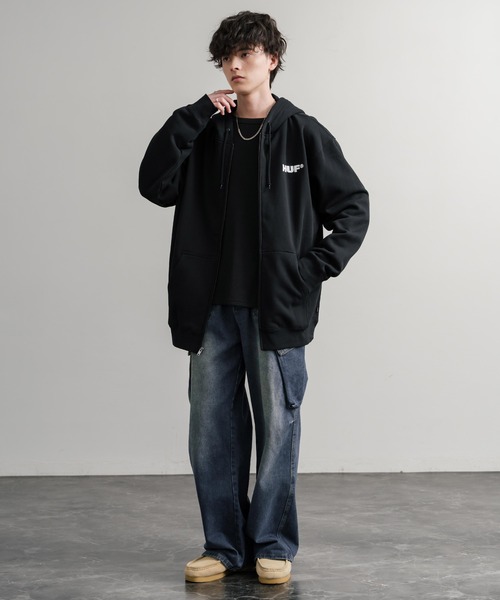 HUF ハフ ALL CAPS F/Z HOODIE オーバーサイズ裏起毛ワンポイントロゴ