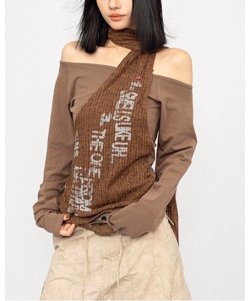 CHEER(チアー)の「レイヤードストール風オフショルトップス(Tシャツ/カットソー・レディース・ブラック/キャメル・M)」の12枚目の写真