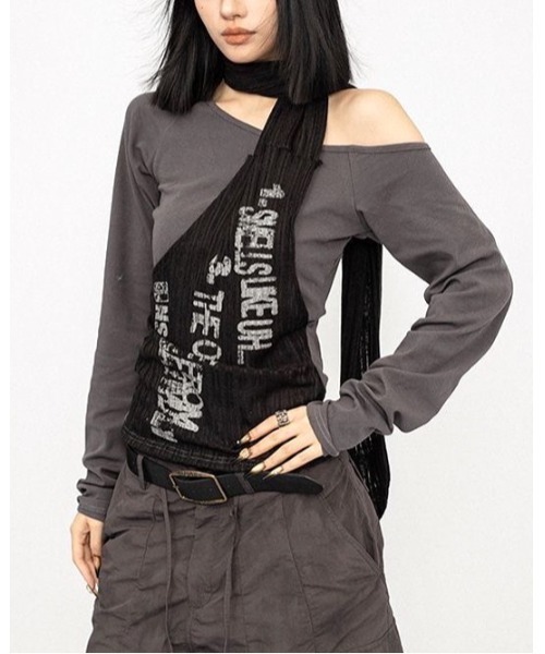 CHEER(チアー)の「レイヤードストール風オフショルトップス(Tシャツ/カットソー・レディース・ブラック/キャメル・M)」の13枚目の写真