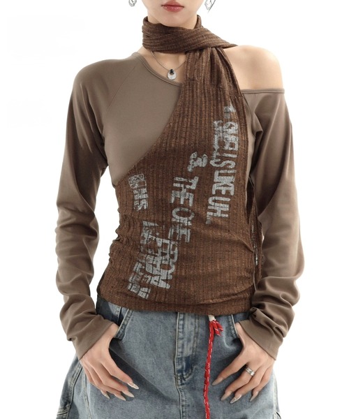 CHEER(チアー)の「レイヤードストール風オフショルトップス(Tシャツ/カットソー・レディース・ブラック/キャメル・M)」の18枚目の写真