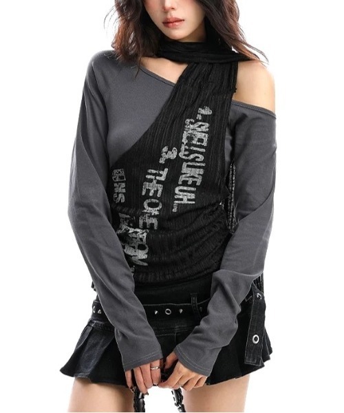 CHEER(チアー)の「レイヤードストール風オフショルトップス(Tシャツ/カットソー・レディース・ブラック/キャメル・M)」の22枚目の写真
