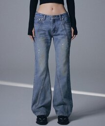 W Curved Dirty Wash Bootscut Denim Pants - Deep Blue