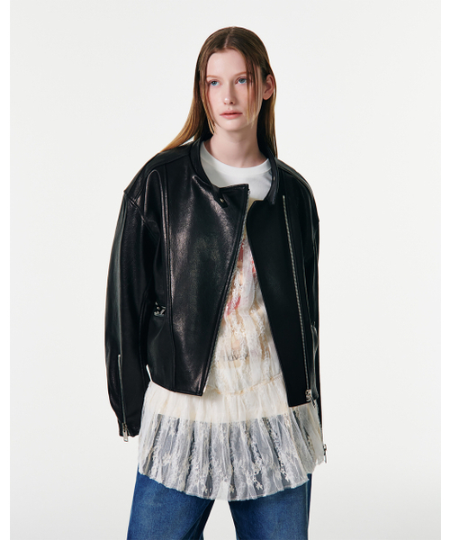 LAMB SKIN OVERSIZED BIKER JACKET [BLACK]