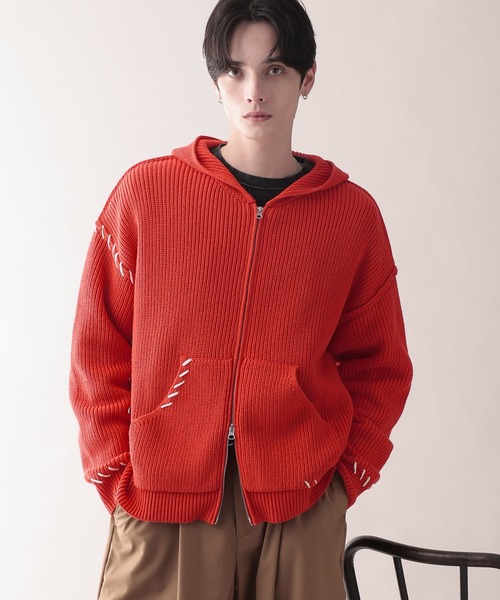 セール】HAND-STITCHED KNIT ZIP HOODIE/ハンドステッチ/ニットジップ