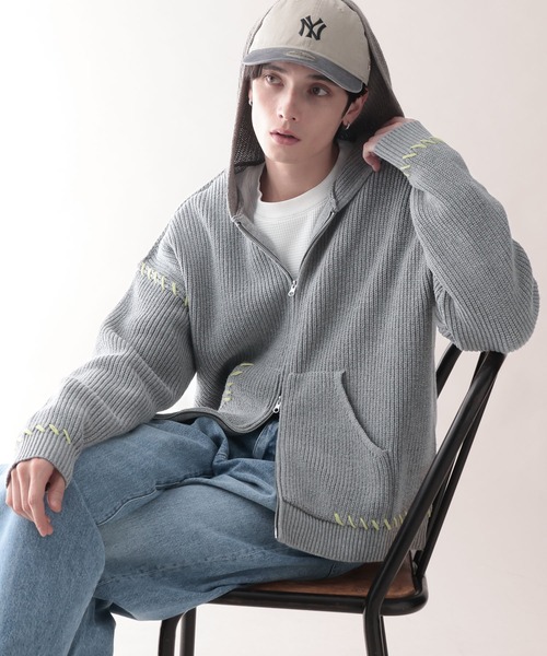セール】HAND-STITCHED KNIT ZIP HOODIE/ハンドステッチ/ニットジップ