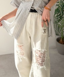 classicalelf（クラシカルエルフ）の「レースにキュン!ラフに攻めて。綿100% レース付きダメージデニムカーブパンツ（デニムパンツ）」