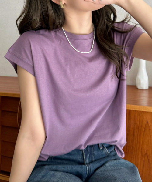 Eclat one(エクラワン)の「【Eclat one】ベーシック フレンチスリーブ T(Tシャツ/カットソー・レディース・パープル/オフホワイト/ブラック・FREE)」の3枚目の写真