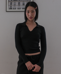Collar V-Neck Ribbed Knit Sweater Black