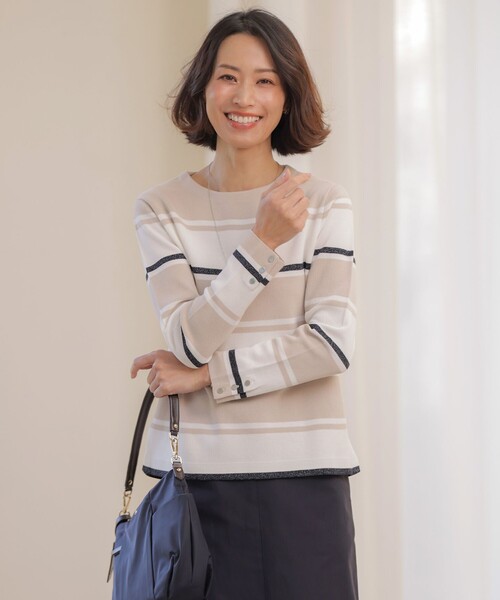 J.PRESS(ジェイプレス)の「Cotton Acetate ブロッキング ボーダー ニット(ニット/セーター・レディース・スカイブルー系1/ベージュ系1/ピンク系1・MEDIUM/LARGE)」の2枚目の写真