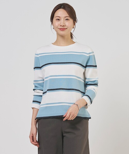 J.PRESS(ジェイプレス)の「Cotton Acetate ブロッキング ボーダー ニット(ニット/セーター・レディース・スカイブルー系1/ベージュ系1/ピンク系1・MEDIUM/LARGE)」の3枚目の写真