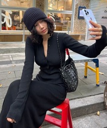 ヘンリーネック リブテレコ ロングワンピース