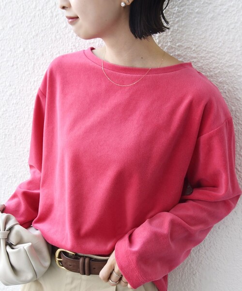 SHIPS（シップス）の「〈手洗い可能〉コットン ベロア ボートネック ロング スリーブ プルオーバー（Tシャツ/カットソー・レディース・ネイビー/ライトグレー/ピンク・ONE SIZE）」の3枚目の写真
