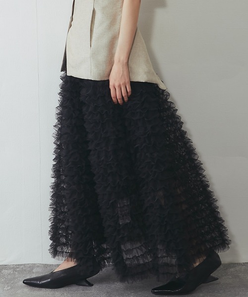 ANOTHER S（アナザーエス）の「ティアードチュールロングスカート（スカート・レディース・ブラック/アイボリー・FREE）」の2枚目の写真