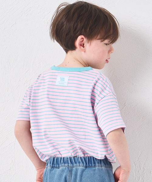 pairmanon(ペアマノン)の「【綿100%】ユニセックス バックタグ付き 配色ボーダー半袖Tシャツ(Tシャツ/カットソー・キッズ・ピンク/ブルー/グリーン/ライトブルー・140/150/90/100/110/120/130)」の1枚目の写真