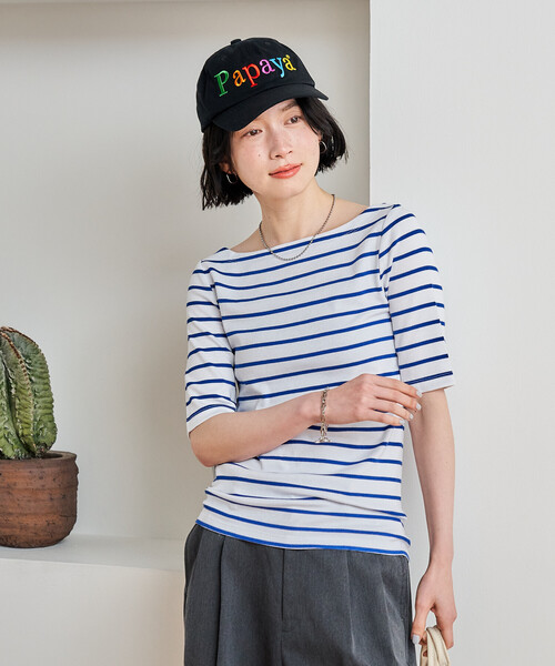 FREAK'S STORE(フリークスストア)の「コットンモダール 半袖ボーダーTシャツ/ボートネックロンT(Tシャツ/カットソー・レディース・グレー/ブルー/ブラック/レッド/グリーン/ベージュ/ネイビー・SMALL/MEDIUM)」の7枚目の写真