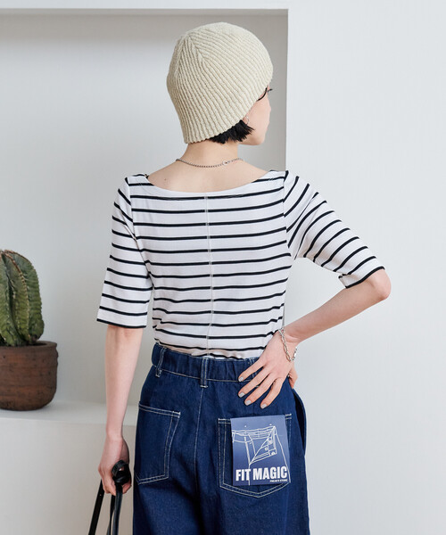 FREAK'S STORE(フリークスストア)の「コットンモダール 半袖ボーダーTシャツ/ボートネックロンT(Tシャツ/カットソー・レディース・グレー/ブルー/ブラック/レッド/グリーン/ベージュ/ネイビー・SMALL/MEDIUM)」の2枚目の写真