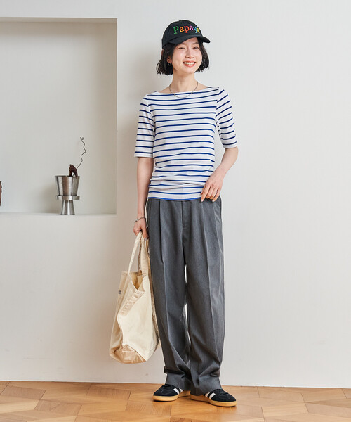 FREAK'S STORE(フリークスストア)の「コットンモダール 半袖ボーダーTシャツ/ボートネックロンT(Tシャツ/カットソー・レディース・グレー/ブルー/ブラック/レッド/グリーン/ベージュ/ネイビー・SMALL/MEDIUM)」の12枚目の写真
