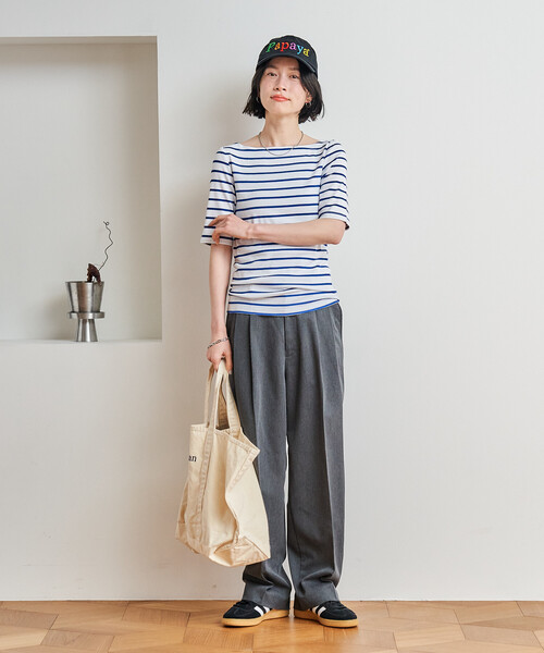 FREAK'S STORE(フリークスストア)の「コットンモダール 半袖ボーダーTシャツ/ボートネックロンT(Tシャツ/カットソー・レディース・グレー/ブルー/ブラック/レッド/グリーン/ベージュ/ネイビー・SMALL/MEDIUM)」の11枚目の写真