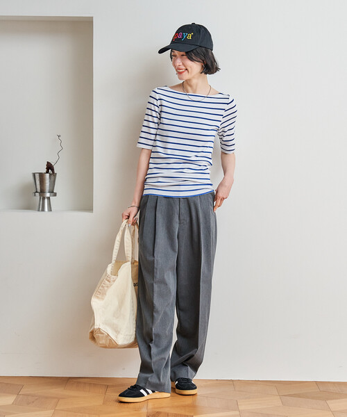 FREAK'S STORE(フリークスストア)の「コットンモダール 半袖ボーダーTシャツ/ボートネックロンT(Tシャツ/カットソー・レディース・グレー/ブルー/ブラック/レッド/グリーン/ベージュ/ネイビー・SMALL/MEDIUM)」の10枚目の写真