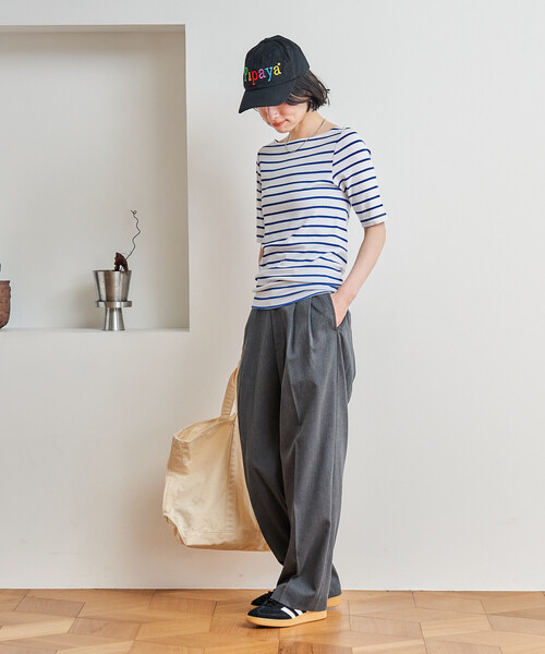 FREAK'S STORE(フリークスストア)の「コットンモダール 半袖ボーダーTシャツ/ボートネックロンT(Tシャツ/カットソー・レディース・グレー/ブルー/ブラック/レッド/グリーン/ベージュ/ネイビー・SMALL/MEDIUM)」の9枚目の写真