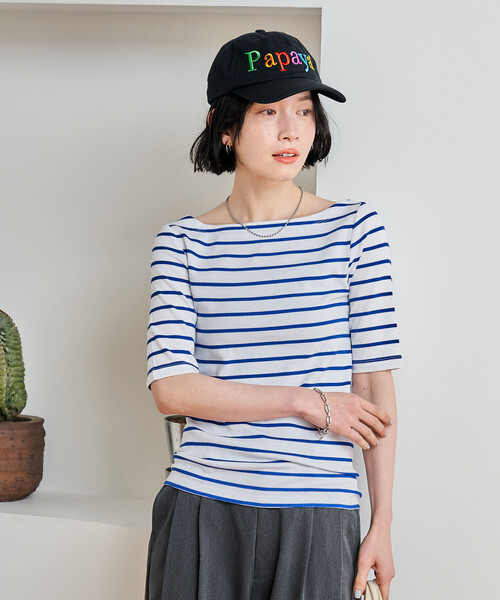 FREAK'S STORE(フリークスストア)の「コットンモダール 半袖ボーダーTシャツ/ボートネックロンT(Tシャツ/カットソー・レディース・グレー/ブルー/ブラック/レッド/グリーン/ベージュ/ネイビー・SMALL/MEDIUM)」の22枚目の写真