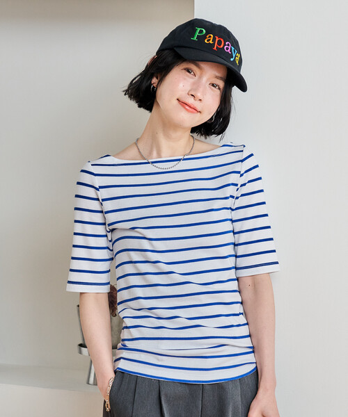 FREAK'S STORE(フリークスストア)の「コットンモダール 半袖ボーダーTシャツ/ボートネックロンT(Tシャツ/カットソー・レディース・グレー/ブルー/ブラック/レッド/グリーン/ベージュ/ネイビー・SMALL/MEDIUM)」の19枚目の写真
