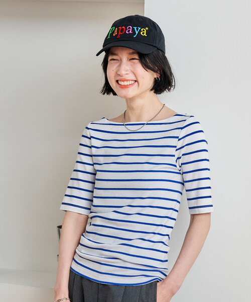 FREAK'S STORE(フリークスストア)の「コットンモダール 半袖ボーダーTシャツ/ボートネックロンT(Tシャツ/カットソー・レディース・グレー/ブルー/ブラック/レッド/グリーン/ベージュ/ネイビー・SMALL/MEDIUM)」の13枚目の写真