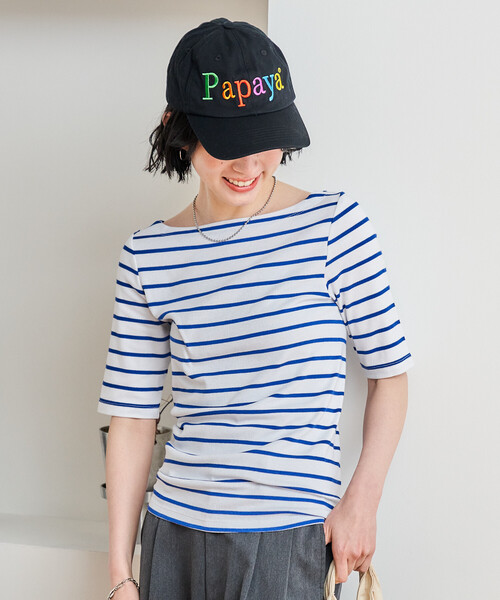 FREAK'S STORE(フリークスストア)の「コットンモダール 半袖ボーダーTシャツ/ボートネックロンT(Tシャツ/カットソー・レディース・グレー/ブルー/ブラック/レッド/グリーン/ベージュ/ネイビー・SMALL/MEDIUM)」の14枚目の写真