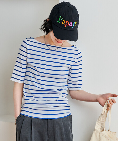 FREAK'S STORE(フリークスストア)の「コットンモダール 半袖ボーダーTシャツ/ボートネックロンT(Tシャツ/カットソー・レディース・グレー/ブルー/ブラック/レッド/グリーン/ベージュ/ネイビー・SMALL/MEDIUM)」の15枚目の写真