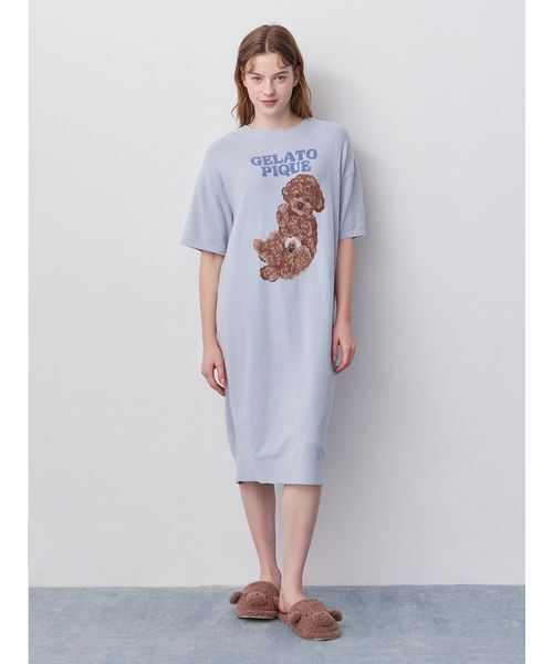 gelato pique（ジェラートピケ）の「ドッグジャガードワンピース（ルームワンピース・レディース・ブルー/ライトピンク/クリーム・F）」の5枚目の写真