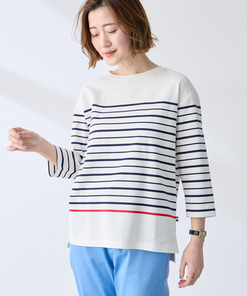 Petit Honfleur(プチオンフルール)の「ボーダーTシャツ【オーガニックコットンブレンド・綿100%】(Tシャツ/カットソー・レディース・ネイビー/ホワイト・M/L)」の4枚目の写真