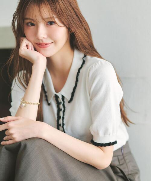 index(インデックス)の「ミニフリル衿付きポロニット【洗濯機OK/抗ピル】(ニット/セーター・レディース・ライトベージュ/オフホワイト/パープル・36/38/40)」の4枚目の写真