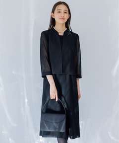 【喪服・礼服】【洗える】/メッシュボーダー/スタンドカラーブラックフォーマルワンピース