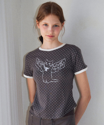 Angel Cat Dot Ringer T-shirt Charcoal grey