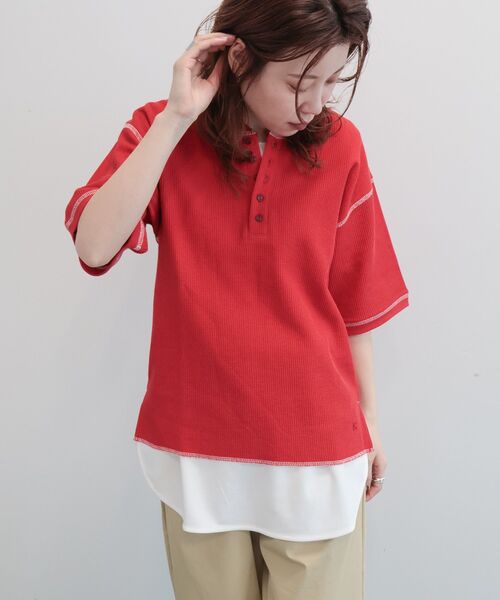 RUSSELL(ラッセル)の「【RUSSELL】ワッフルヘンリーTシャツ(Tシャツ/カットソー・レディース・レッド・FREE)」の3枚目の写真