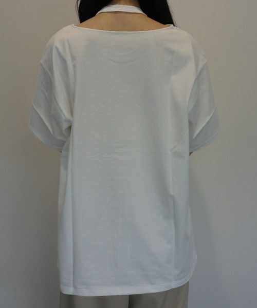 CLANE（クラネ）の「CLANE W FACE NOTCHED RIB OVER TOPS（Tシャツ/カットソー・レディース・ホワイト/ブラック・FREE）」の5枚目の写真
