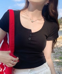 lulufa | ヘンリーネックTシャツ 半袖 リブ ベーシックT(Tシャツ/カットソー)