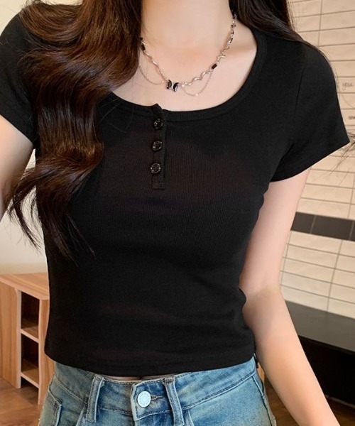 lulufa(ルルファ)の「ヘンリーネックTシャツ 半袖 リブ ベーシックT(Tシャツ/カットソー・レディース・ホワイト/ブラック/グレー・FREE)」の11枚目の写真