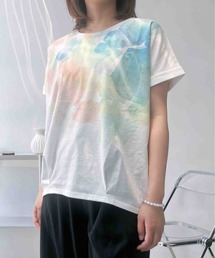〇袖ロールアップ タック入りアートTシャツ
