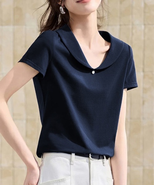 ONEP STAR(ワンピスター)の「チャーム付き丸襟半袖ブラウス(シャツ/ブラウス・レディース・ネイビー・MEDIUM/LARGE/X-LARGE)」の1枚目の写真