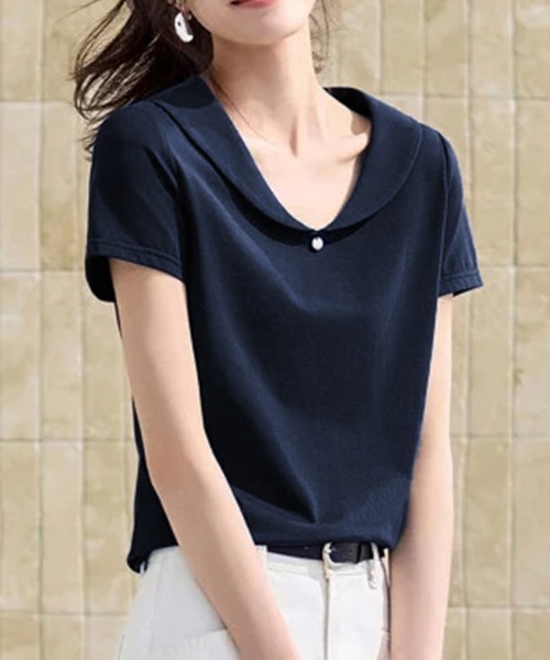 ONEP STAR(ワンピスター)の「チャーム付き丸襟半袖ブラウス(シャツ/ブラウス・レディース・ネイビー・MEDIUM/LARGE/X-LARGE)」の4枚目の写真