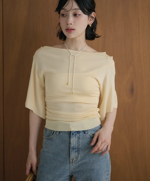 LAULEN(ローレン)の「side gather open neck knit /サイドギャザーオープンネックニット(ニット/セーター・レディース・カーキ/イエロー/ピンク/ブラック・FREE)」の3枚目の写真