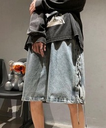 レースアップハーフデニムパンツメンズ夏服
