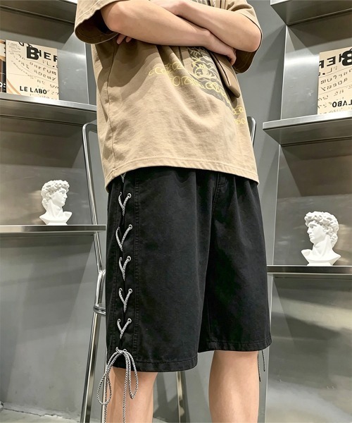 AsaAura(アサオーラ)の「レースアップハーフデニムパンツメンズ夏服(その他パンツ・メンズ・ブラック/サックスブルー・M/L)」の1枚目の写真